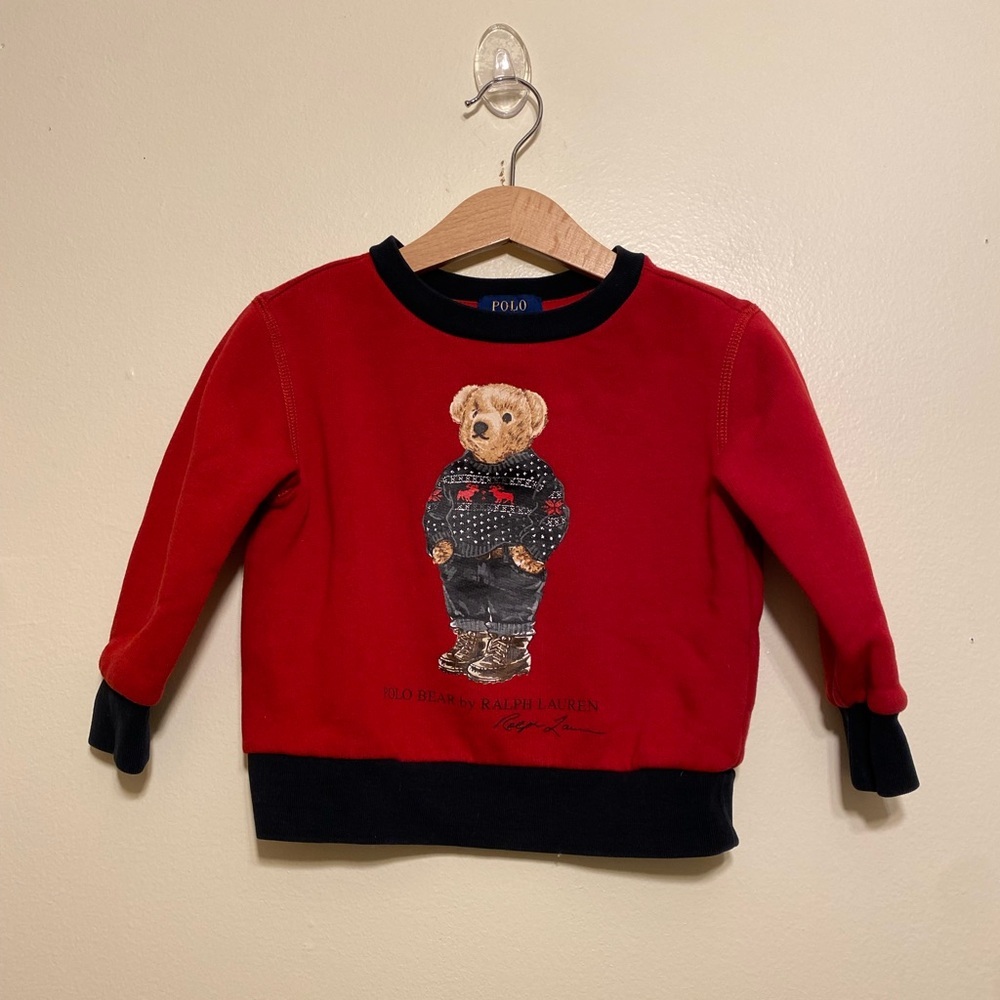 Polo by Ralph Lauren Red Kids Bear Sweatshirt with Navy Trim. Size 2 T